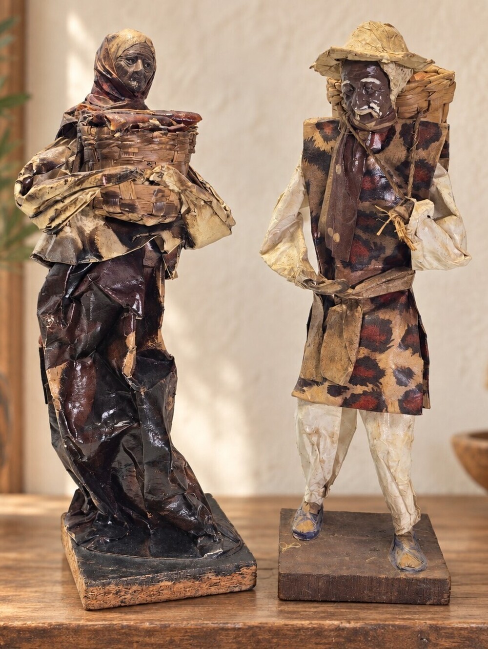 Vintage Mexican Paper Mache Fish Seller Pair Folk Art Woven Basket Figures 12in